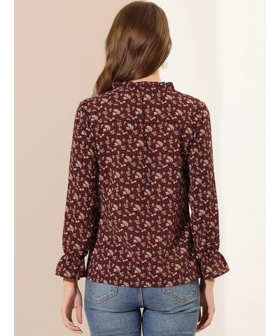 Women's Vintage Floral Bow Tie Neck Button Up Ruffled Collar Casual Blouse Burgundy $13.24 Blouses