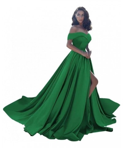 Off Shoulder Satin Prom Dresses Ball Gown Plus Size Formal Dresses for Women Wedding Dress with Slit Green $45.37 Dresses