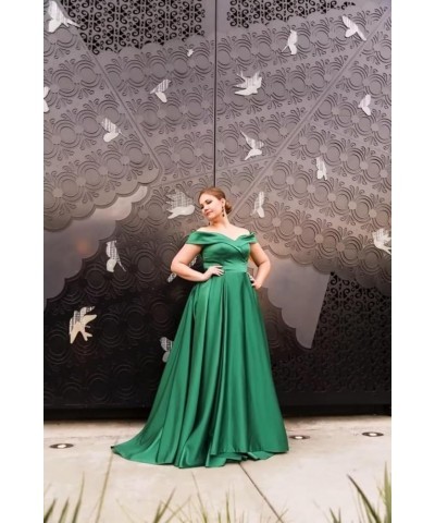 Off Shoulder Satin Prom Dresses Ball Gown Plus Size Formal Dresses for Women Wedding Dress with Slit Green $45.37 Dresses