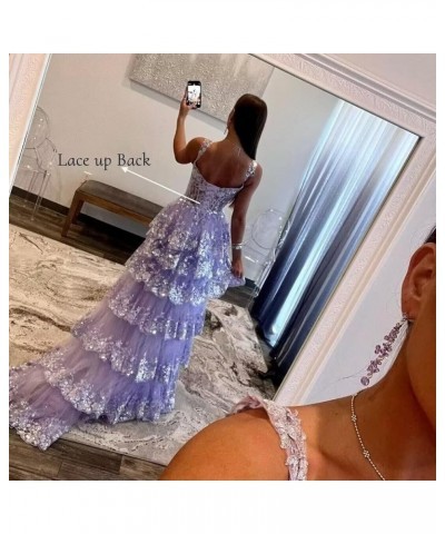 Sparkly Tiered Lace Tulle Prom Dresses Long 2024 Spaghetti Straps Formal Corset Evening Gown with Slit Lilac $41.80 Dresses