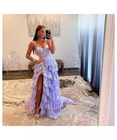 Sparkly Tiered Lace Tulle Prom Dresses Long 2024 Spaghetti Straps Formal Corset Evening Gown with Slit Lilac $41.80 Dresses