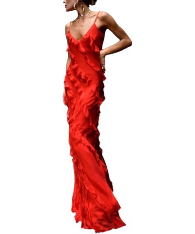 Maxi Prom Dress for Women V Neck Spaghetti Strap Ruffle Maxi Dress Slim Fit Backless Tiered Long Dress with Slit Red $11.74 D...