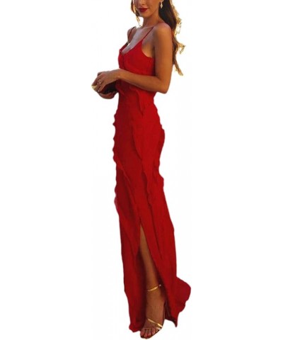 Maxi Prom Dress for Women V Neck Spaghetti Strap Ruffle Maxi Dress Slim Fit Backless Tiered Long Dress with Slit Red $11.74 D...