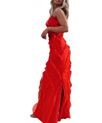 Maxi Prom Dress for Women V Neck Spaghetti Strap Ruffle Maxi Dress Slim Fit Backless Tiered Long Dress with Slit Red $11.74 D...