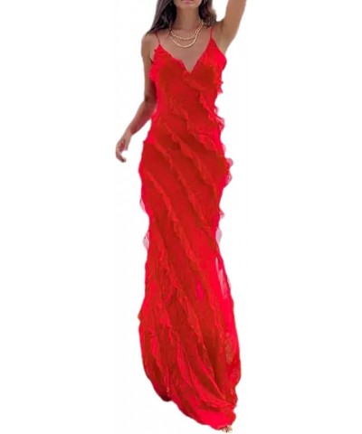 Maxi Prom Dress for Women V Neck Spaghetti Strap Ruffle Maxi Dress Slim Fit Backless Tiered Long Dress with Slit Red $11.74 D...