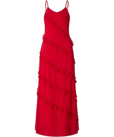 Maxi Prom Dress for Women V Neck Spaghetti Strap Ruffle Maxi Dress Slim Fit Backless Tiered Long Dress with Slit Red $11.74 D...