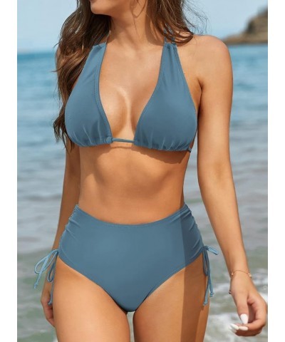 Women's High Waisted Two Piece Swimsuit Halter Triangle Bikini Set Sexy Bathing Suit Airy Blue $21.80 Swimsuits