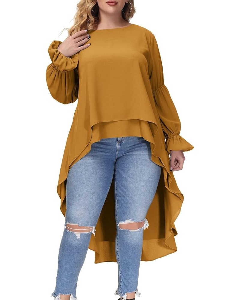 Women Plus Size High Low Tops Lantern Sleeve Asymmetrical Hem Blouse Shirt Dress Yellow $17.64 Tops