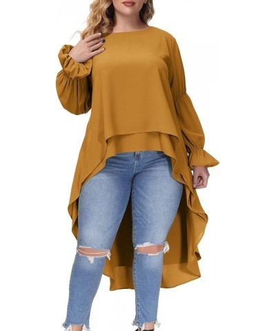 Women Plus Size High Low Tops Lantern Sleeve Asymmetrical Hem Blouse Shirt Dress Yellow $17.64 Tops