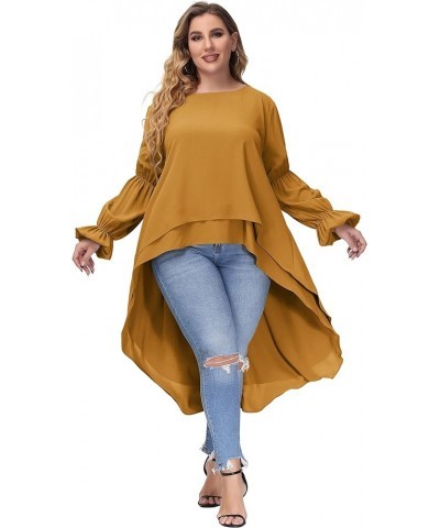 Women Plus Size High Low Tops Lantern Sleeve Asymmetrical Hem Blouse Shirt Dress Yellow $17.64 Tops