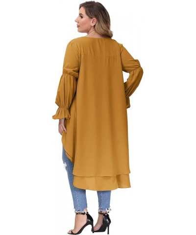 Women Plus Size High Low Tops Lantern Sleeve Asymmetrical Hem Blouse Shirt Dress Yellow $17.64 Tops