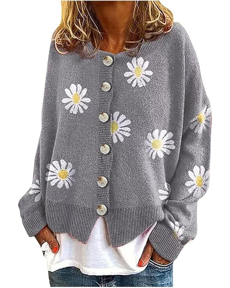 Women Warm Sweater Top Coats Cardigans Daisy Printing Long Sleeve Sweatshirt V-Neck Cropped Elegant Versatile Zzb-grey $20.63...