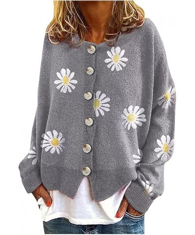 Women Warm Sweater Top Coats Cardigans Daisy Printing Long Sleeve Sweatshirt V-Neck Cropped Elegant Versatile Zzb-grey $20.63...