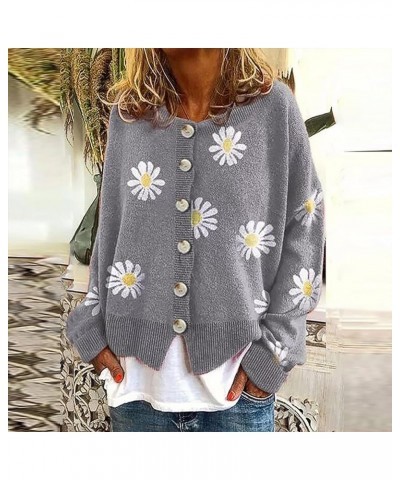 Women Warm Sweater Top Coats Cardigans Daisy Printing Long Sleeve Sweatshirt V-Neck Cropped Elegant Versatile Zzb-grey $20.63...