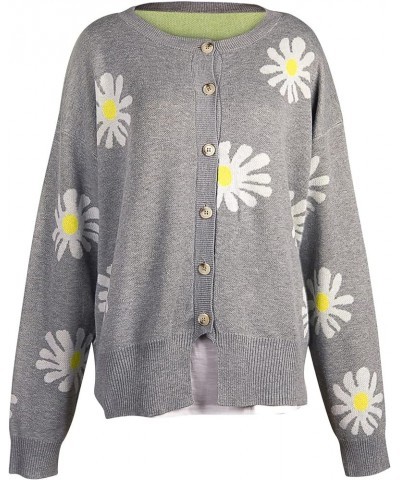 Women Warm Sweater Top Coats Cardigans Daisy Printing Long Sleeve Sweatshirt V-Neck Cropped Elegant Versatile Zzb-grey $20.63...