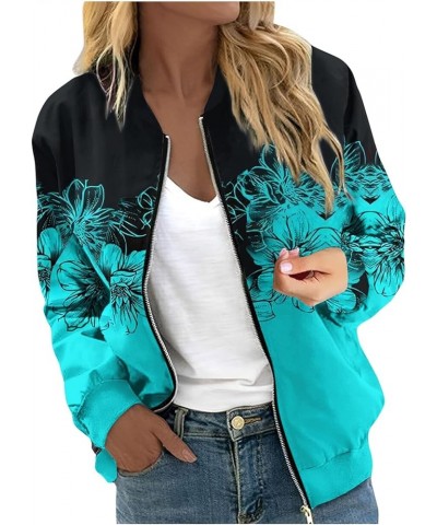 Zip Up Jackets for Women 2023 Trendy Casual Long Sleeve Coats Fall Bomber Jackets Cyan $11.39 Jackets