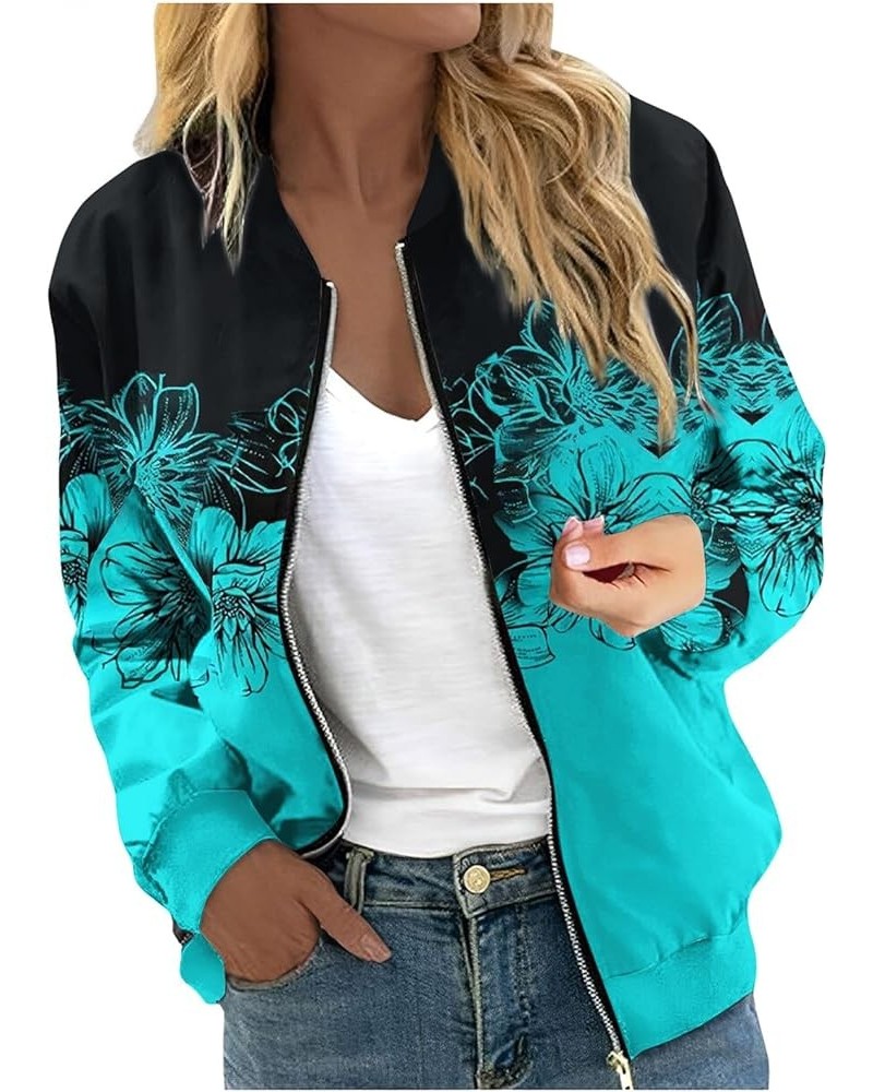 Zip Up Jackets for Women 2023 Trendy Casual Long Sleeve Coats Fall Bomber Jackets Cyan $11.39 Jackets