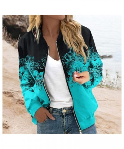 Zip Up Jackets for Women 2023 Trendy Casual Long Sleeve Coats Fall Bomber Jackets Cyan $11.39 Jackets