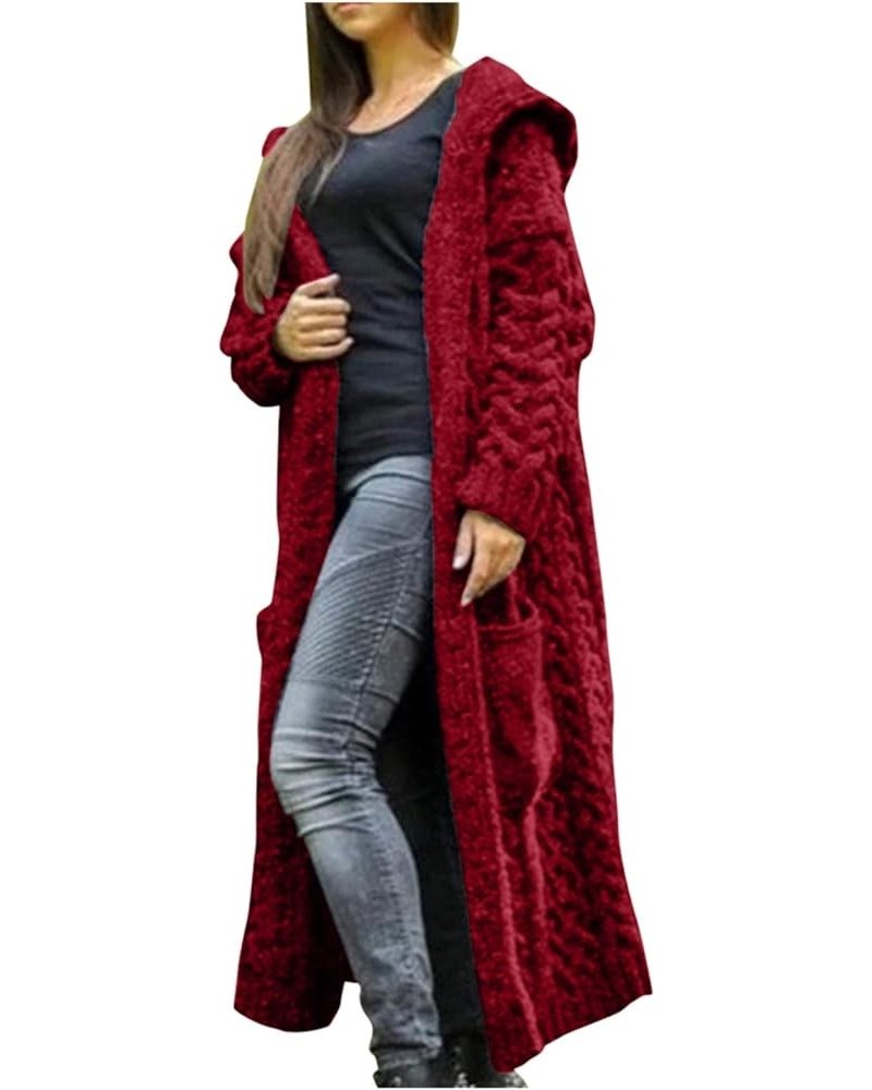 RMXEi Women Winter Solid Solid Knitted Loose Hooded Long Cardigan Sweater Pocket Coat Red $34.21 Jackets