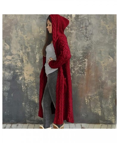 RMXEi Women Winter Solid Solid Knitted Loose Hooded Long Cardigan Sweater Pocket Coat Red $34.21 Jackets