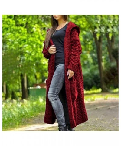 RMXEi Women Winter Solid Solid Knitted Loose Hooded Long Cardigan Sweater Pocket Coat Red $34.21 Jackets