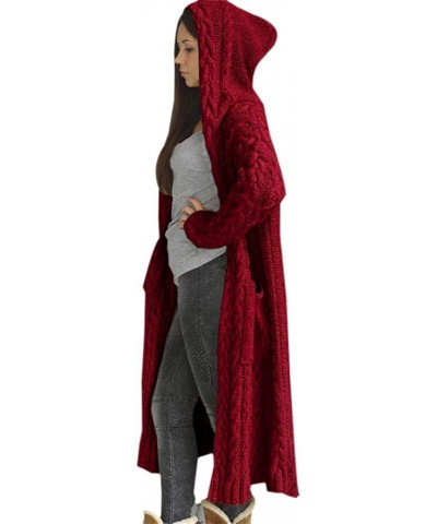 RMXEi Women Winter Solid Solid Knitted Loose Hooded Long Cardigan Sweater Pocket Coat Red $34.21 Jackets