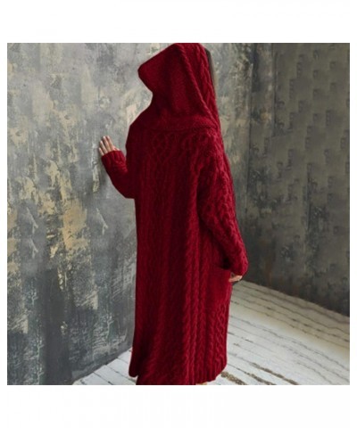 RMXEi Women Winter Solid Solid Knitted Loose Hooded Long Cardigan Sweater Pocket Coat Red $34.21 Jackets