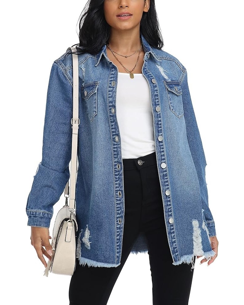 Button Down Long Sleeve Oversized Denim Jacket for Women Distressed Frayed Hem Jean Jacket with Pockets Dark Blue $16.51 Jackets