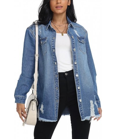 Button Down Long Sleeve Oversized Denim Jacket for Women Distressed Frayed Hem Jean Jacket with Pockets Dark Blue $16.51 Jackets