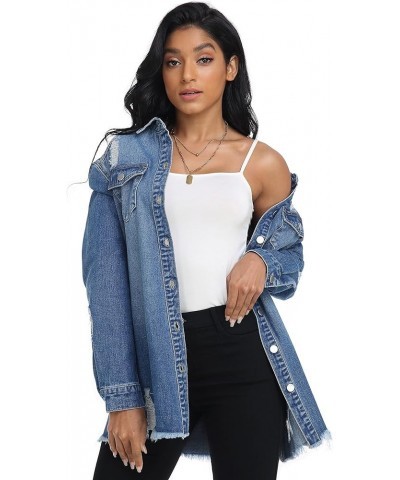 Button Down Long Sleeve Oversized Denim Jacket for Women Distressed Frayed Hem Jean Jacket with Pockets Dark Blue $16.51 Jackets