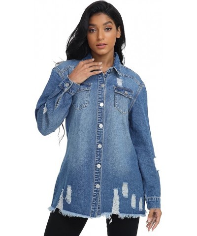 Button Down Long Sleeve Oversized Denim Jacket for Women Distressed Frayed Hem Jean Jacket with Pockets Dark Blue $16.51 Jackets