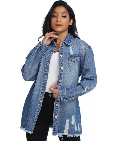 Button Down Long Sleeve Oversized Denim Jacket for Women Distressed Frayed Hem Jean Jacket with Pockets Dark Blue $16.51 Jackets