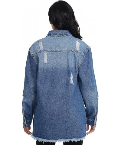 Button Down Long Sleeve Oversized Denim Jacket for Women Distressed Frayed Hem Jean Jacket with Pockets Dark Blue $16.51 Jackets