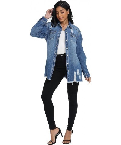 Button Down Long Sleeve Oversized Denim Jacket for Women Distressed Frayed Hem Jean Jacket with Pockets Dark Blue $16.51 Jackets