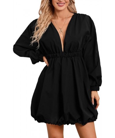 Women's Deep V Neck Bishop Sleeve High Rise Flare Dress Elastic Waist Mini Dress Black $23.04 Dresses