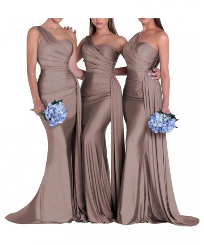 Women's Long Satin One Shoulder Prom Dresses Mermaid Bridesmaid Dresses Bodycon Wedding Evening Gowns LN334 Taupe $30.55 Dresses