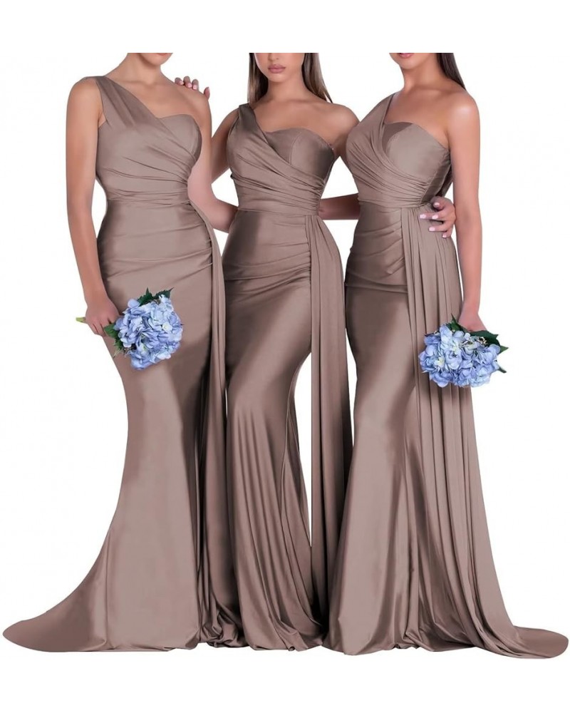 Women's Long Satin One Shoulder Prom Dresses Mermaid Bridesmaid Dresses Bodycon Wedding Evening Gowns LN334 Taupe $30.55 Dresses