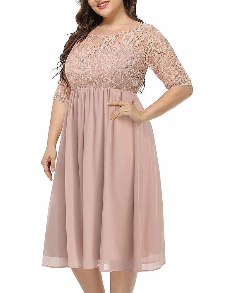 Plus Size Lace Chiffon Wedding Guest Dresses Women Cocktail Party Midi Dress Half Sleeve Dusty Pink $21.73 Dresses