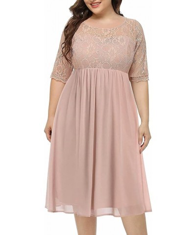 Plus Size Lace Chiffon Wedding Guest Dresses Women Cocktail Party Midi Dress Half Sleeve Dusty Pink $21.73 Dresses