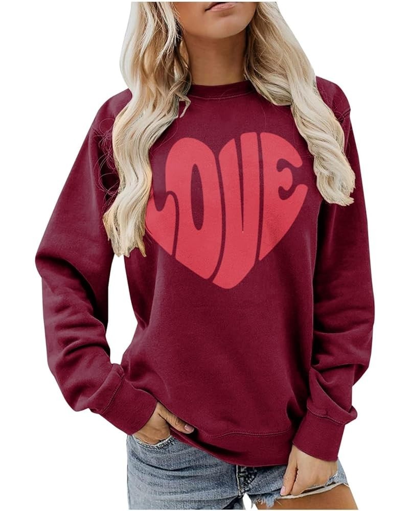 Valentine Sweatshirt Women Cute Love Heart Print Graphic Shirt Pullover Crewneck Long Sleeve Tops Loose Funny Comfy C-wine $7...