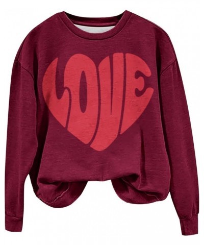 Valentine Sweatshirt Women Cute Love Heart Print Graphic Shirt Pullover Crewneck Long Sleeve Tops Loose Funny Comfy C-wine $7...