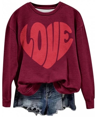 Valentine Sweatshirt Women Cute Love Heart Print Graphic Shirt Pullover Crewneck Long Sleeve Tops Loose Funny Comfy C-wine $7...