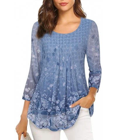 Women's 3/4 Sleeve Tunic Tops Casual Loose Fit Floral Blouses Mesh Pleated Layered Shirt Blue|white $15.59 Tops