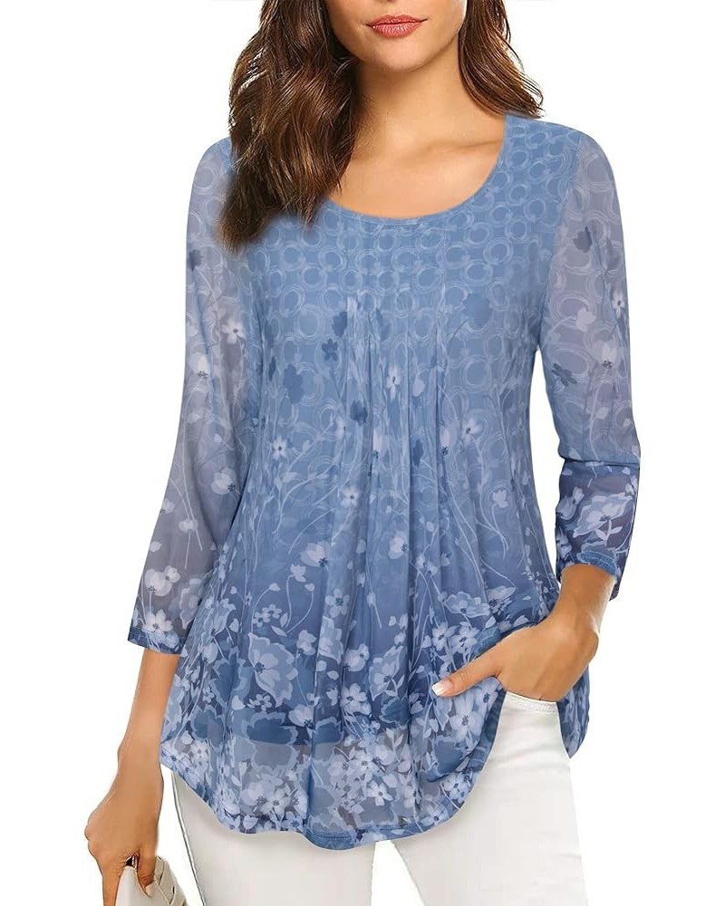 Women's 3/4 Sleeve Tunic Tops Casual Loose Fit Floral Blouses Mesh Pleated Layered Shirt Blue|white $15.59 Tops