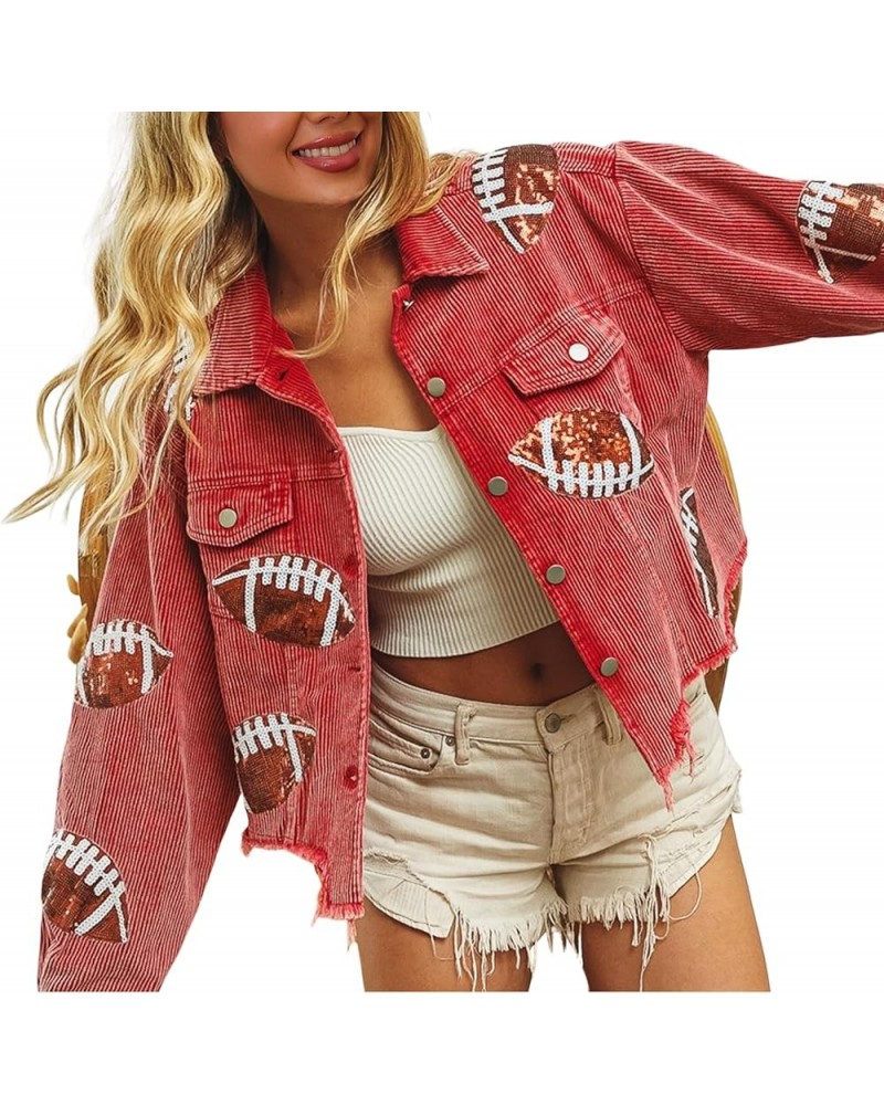 Women’s Cropped Corduroy Jacket Vintage Distressed Football Sequin Patched Shacket Jacket Coat Red $19.80 Jackets