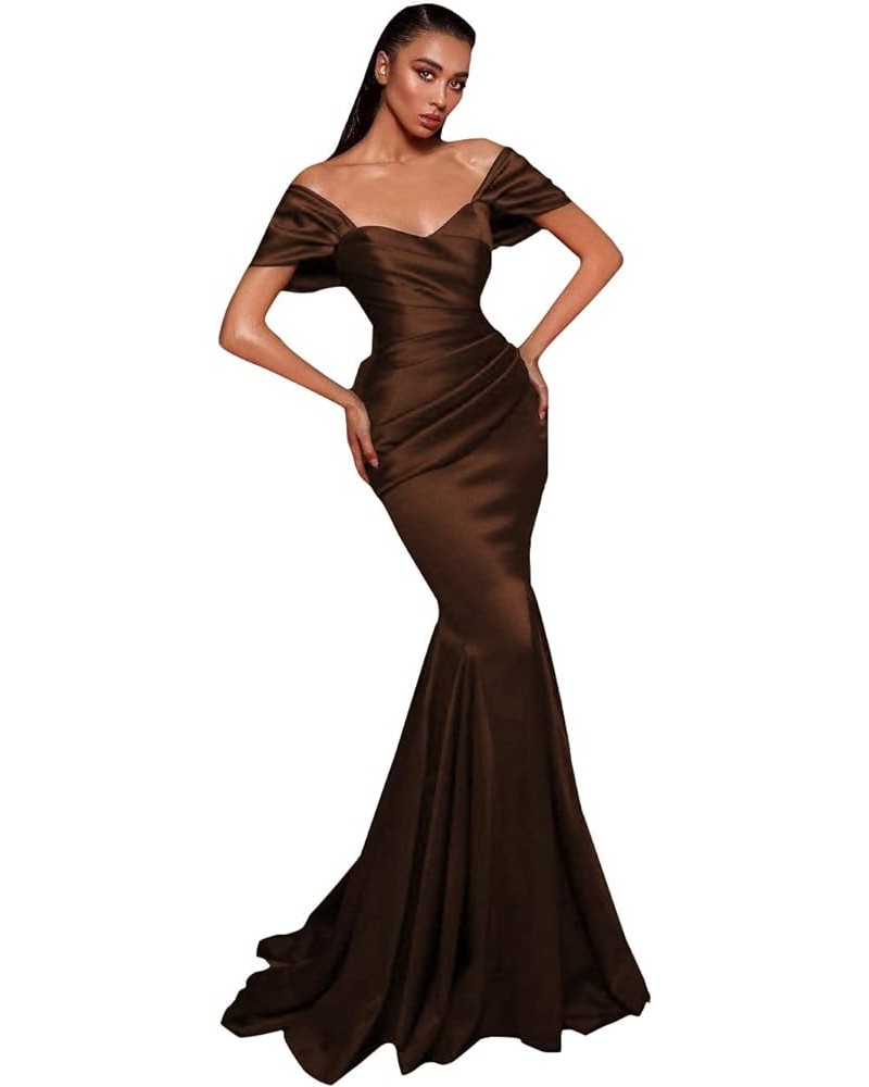 Cold Shoulder Mermaid Prom Dress Long for Women Long Satin Formal Evening Party Gowns Brown $32.64 Dresses