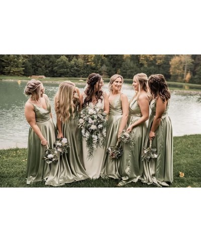 V Neck Bridesmaid Dresses Satin Long with Slit A-line Prom Dresses for Women Evening Party Gowns Dusty Blue $25.85 Dresses