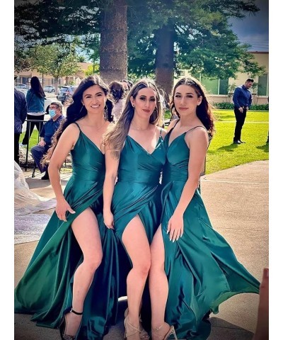 V Neck Bridesmaid Dresses Satin Long with Slit A-line Prom Dresses for Women Evening Party Gowns Dusty Blue $25.85 Dresses