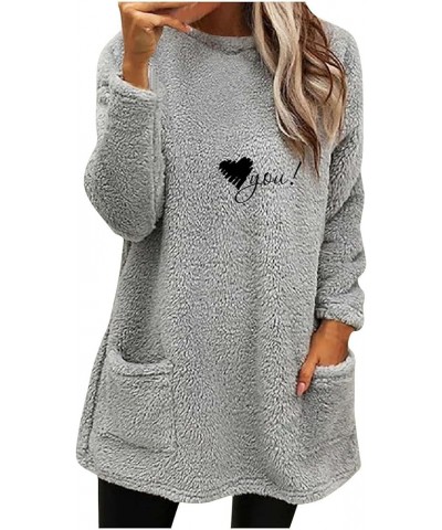 Women’s Sherpa Fleece Shirts Long Sleeve Heart Print Cozy Warm Tops Round Neck Loose Casual Winter Sweatshirts 3 Gray $9.51 H...