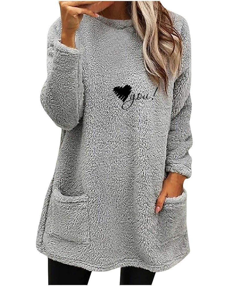 Women’s Sherpa Fleece Shirts Long Sleeve Heart Print Cozy Warm Tops Round Neck Loose Casual Winter Sweatshirts 3 Gray $9.51 H...